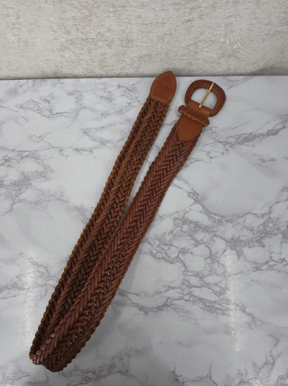 Y2K Leather Belt Woven Braided Orangey Brown Boho Coastal Cowgirl